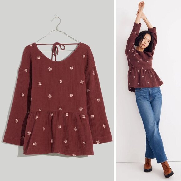 Madewell Tops - Madewell Embroidered Lightspun Peplum Open-Back Top Size Small 47875